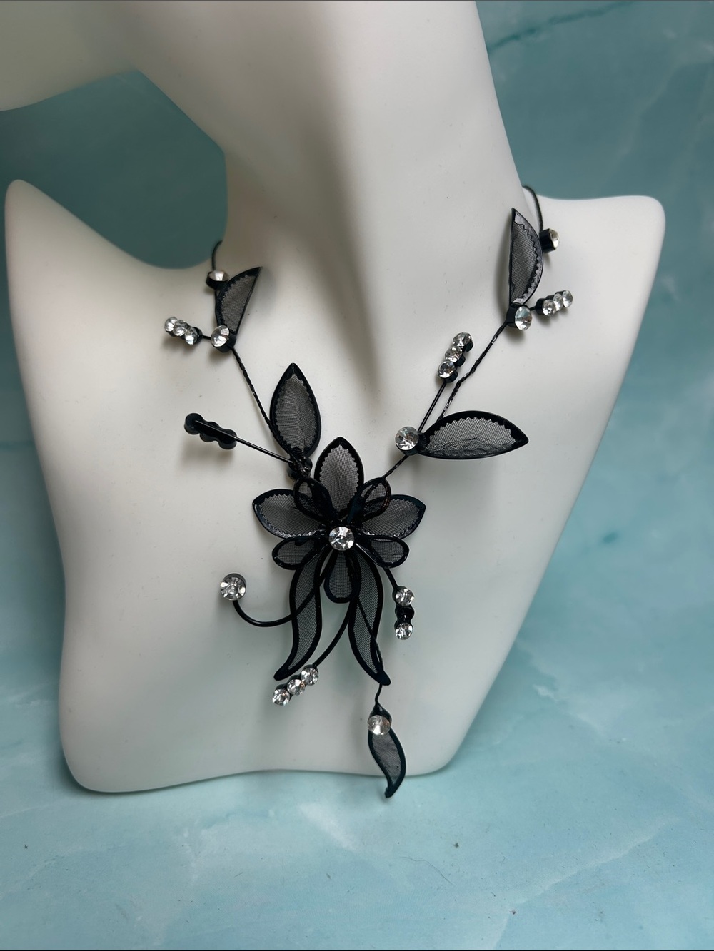 Elegant Black Floral Crystal Statement Necklace 18 inches